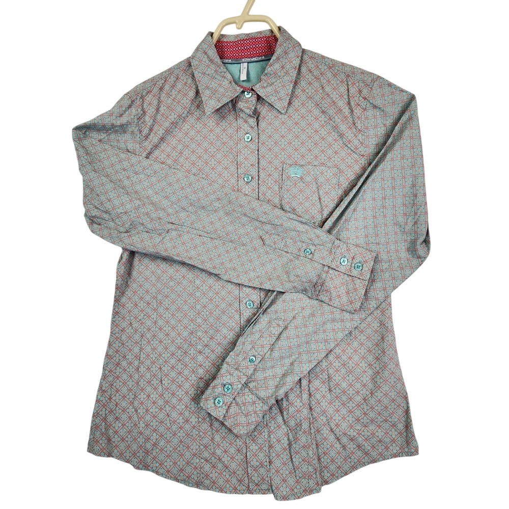 Cinch Teal Geometric Button Down Western Shirt Cowgirl Rodeo Boho Ranchwear M